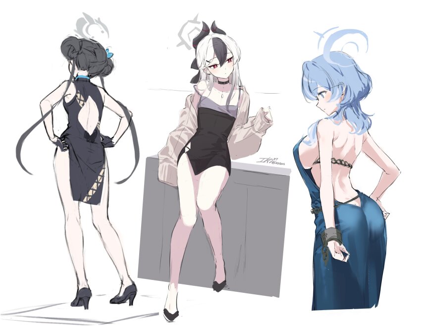 3girls ako_(blue_archive) ass bell black_choker black_dress black_hair black_horns blue_archive blue_eyes blue_hair blue_halo breasts butt_crack china_dress chinese_clothes choker demon_horns double_bun dress gloves hair_between_eyes hair_bun hair_ornament hairband halo highres horns ika_(4801055) kayoko_(blue_archive) kayoko_(dress)_(blue_archive) kisaki_(blue_archive) large_breasts long_hair multicolored_hair multiple_girls official_alternate_costume red_eyes sideboob solo twintails white_hair