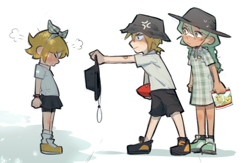 1boy 2girls aged_down american_football_(object) anger_vein ball bandaid bandaid_on_arm bandaid_on_face bandaid_on_nose blonde_hair blue_eyes blue_hair blush bow_hairband bracelet braid bucket_hat child clenched_hands collared_shirt commentary dress english_commentary facing_down from_side full_body hairband hat hatsune_miku holding holding_unworn_clothes holding_unworn_hat jewelry kagamine_len kagamine_rin long_hair low_ponytail multiple_girls plaid_clothes plaid_dress pleated_skirt ponytail pout puff_of_air school_uniform shirt short_hair short_sleeves shorts skirt socks swagamicchi sweat twin_braids unworn_hat unworn_headwear vocaloid