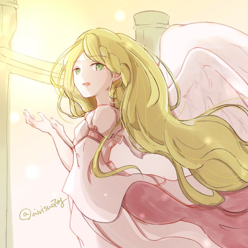 1girl airisuotog angel_wings bird blonde_hair feathered_wings fire_emblem fire_emblem:_path_of_radiance fire_emblem:_radiant_dawn green_eyes heron highres leanne_(fire_emblem) nintendo twitter_username white_wings wings