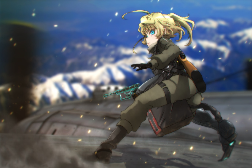 1girl ahoge black_gloves blonde_hair blurry blurry_background cross fighting_stance from_behind genya_(genya67) gloves gun gun_on_back handgun highres holding holding_gun holding_weapon military military_uniform outdoors ponytail solo sparks tanya_degurechaff weapon weapon_on_back youjo_senki