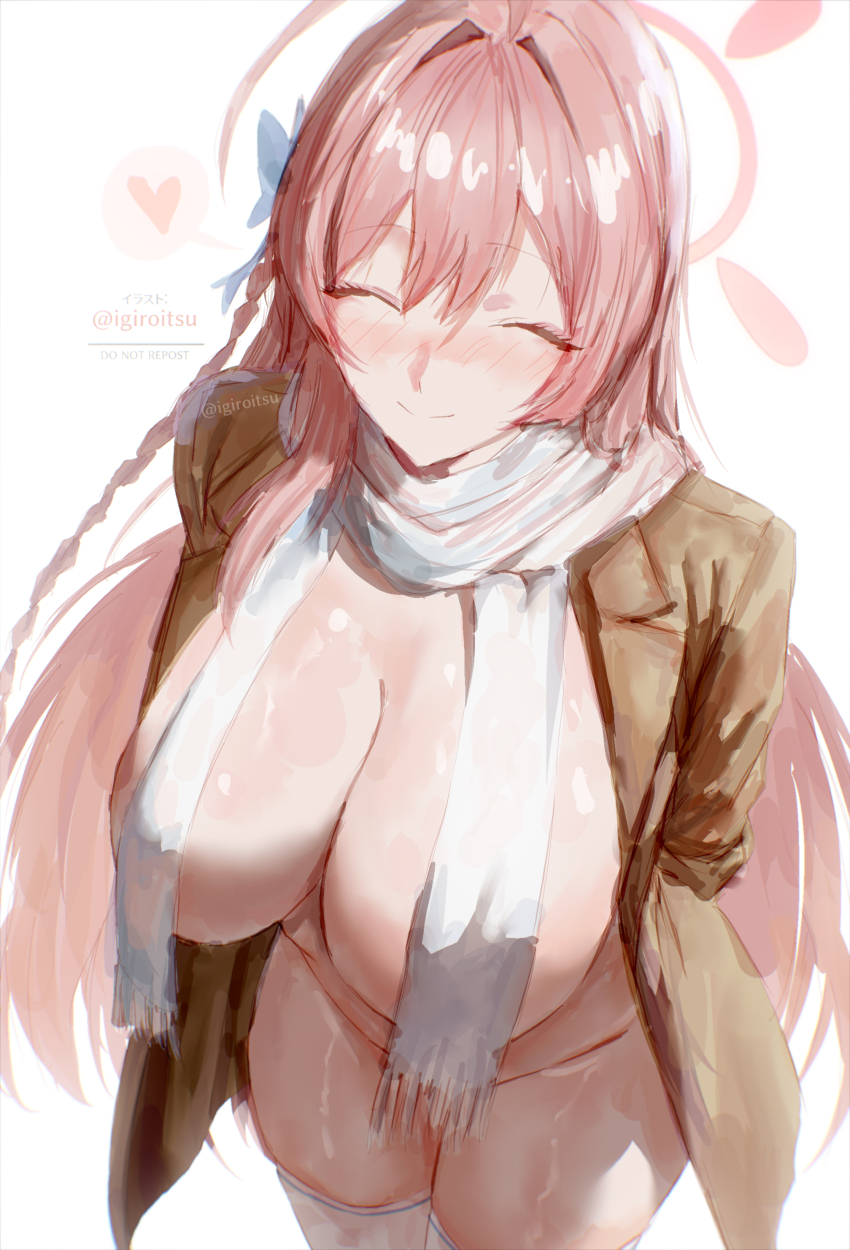 1girl ^_^ absurdres ahoge blue_archive blush bow braid breasts brown_coat cleavage closed_eyes closed_mouth coat commentary groin hair_bow hair_intakes halo hanako_(blue_archive) heart highres huge_breasts igiroitsu long_hair no_bra no_panties open_clothes open_coat pink_hair pink_halo scarf scarf_over_breasts shiny_skin simple_background smile solo thighhighs thighs twitter_username white_background white_bow white_scarf white_thighhighs