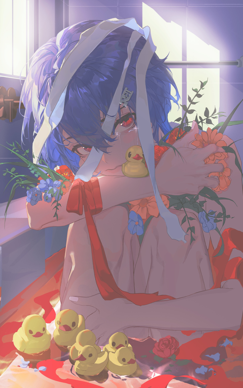 1girl absurdres ayanami_rei bare_legs bare_shoulders bath bathing blue_hair completely_nude crying crying_with_eyes_open flower highres looking_at_viewer neon_genesis_evangelion nude red_eyes short_hair tears zigou
