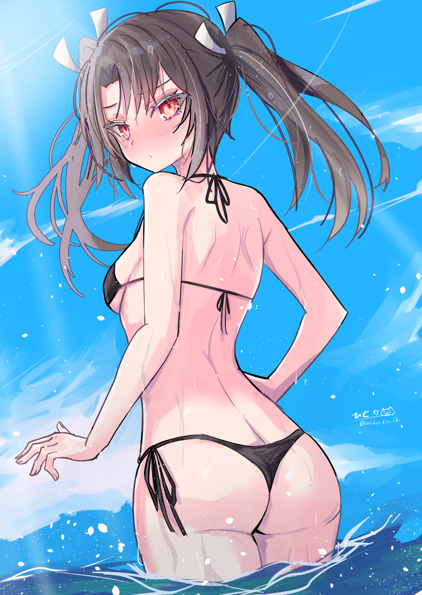 1girl absurdres alternate_eye_color ass bare_shoulders bikini black_bikini blush breasts brown_hair embarrassed hair_ribbon highres hizaka kantai_collection long_hair looking_back ocean partially_submerged red_eyes ribbon side-tie_bikini_bottom small_breasts solo sunlight swimsuit thong_bikini tsurime twintails wet zuikaku_(kancolle)