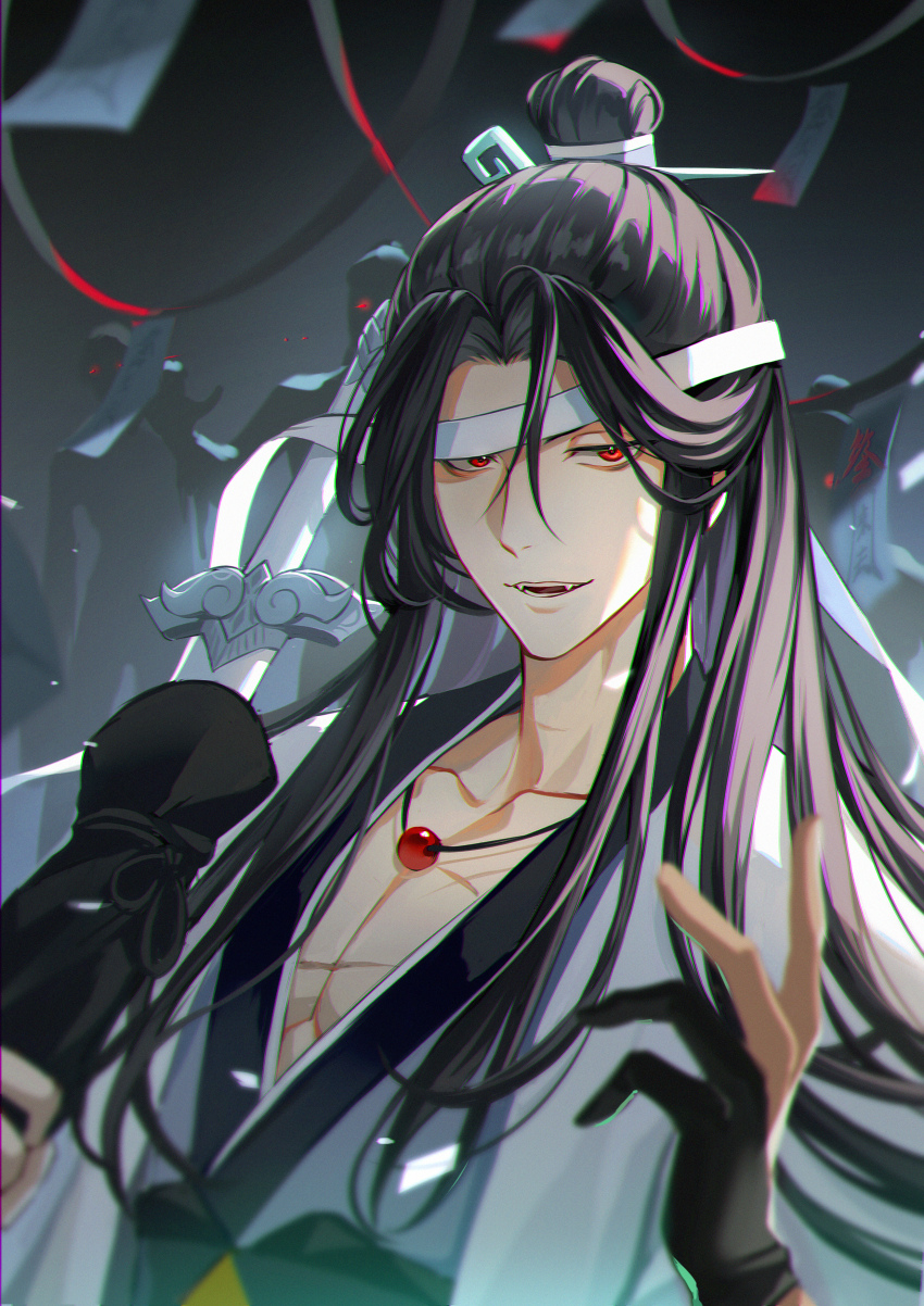 1boy absurdres black_gloves black_hair black_sash blindfold blindfold_slip chinese_commentary collarbone fangs gloves glowing glowing_eyes grey_hanfu helen_roro highres holding holding_sword holding_weapon jewelry long_hair looking_at_viewer male_focus modao_zushi necklace ofuda open_clothes open_mouth partially_fingerless_gloves pectoral_cleavage pectorals red_eyes robe sash scar scar_on_chest smile sword topknot upper_body weapon weapon_bag white_blindfold white_robe xiao_guan_(headdress) xue_yang zombie
