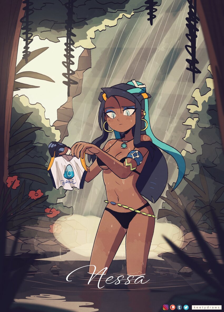 1girl absurdres armband artist_name bare_shoulders bikini black_bikini black_gloves black_hair blue_armband blue_eyes blue_eyeshadow breasts bush character_name closed_mouth commentary cowboy_shot creatures_(company) dark-skinned_female dark_skin earclip earrings english_commentary eyeshadow game_freak gloves highres holding holding_shirt holding_unworn_clothes hoop_earrings instagram_logo jewelry keetydraws long_hair makeup navel nessa_(pokemon) nintendo outdoors paid_reward_available patreon_logo pokemon pokemon_swsh pond raised_eyebrow shirt single_glove solo swimsuit tree tumblr_logo twitter_logo unworn_shirt wading water waterfall wet