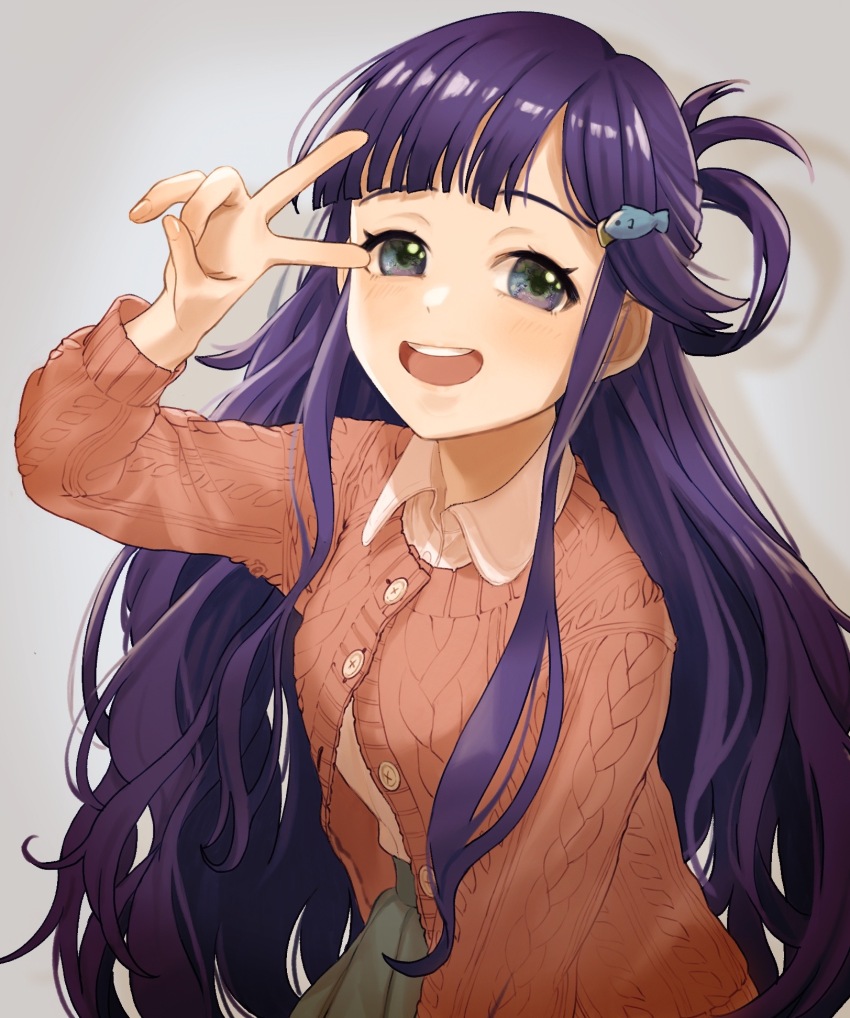 1girl asari_nanami blue_eyes blush breasts cardigan dot_nose fish_hair_ornament gradient_background green_skirt grey_background hair_ornament hair_rings hand_up highres idolmaster idolmaster_cinderella_girls idolmaster_cinderella_girls_starlight_stage long_hair long_sleeves looking_at_viewer open_mouth pink_cardigan pleated_skirt purple_hair shirt skirt small_breasts smile solo tanupon teeth upper_teeth_only v very_long_hair white_shirt