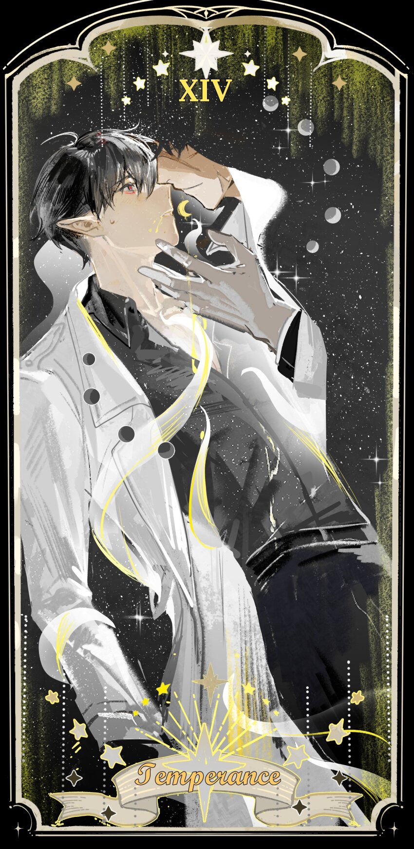 2boys absurdres arched_back bags_under_eyes belt black_shirt border coat gloves hair_between_eyes highres kim_dokja lantercat looking_at_another male_focus moon_phases multiple_boys omniscient_reader&#039;s_viewpoint ornate_border outstretched_hand partially_invisible pointy_ears reaching reaching_towards_another red_eyes scar scar_on_face scars_all_over secretive_plotter shirt solo sparkle star_(symbol) stray_hair tarot temperance_(tarot) too_many white_coat white_gloves