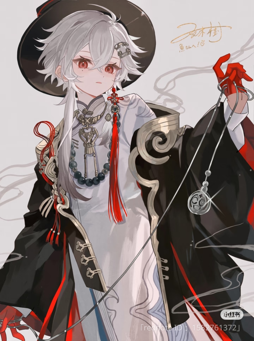 1boy bead_necklace beads black_robe chain earrings gloves hair_ornament highres holding jewelry long_sidelocks male_focus namiki_itsuki necklace non-web_source original pendant red_eyes red_glove red_tassel robe short_hair sidelocks signature single_glove smoke solo taoist_robe traditional_chinese_clothes watermark white_hair white_robe wide-brimmed_hat