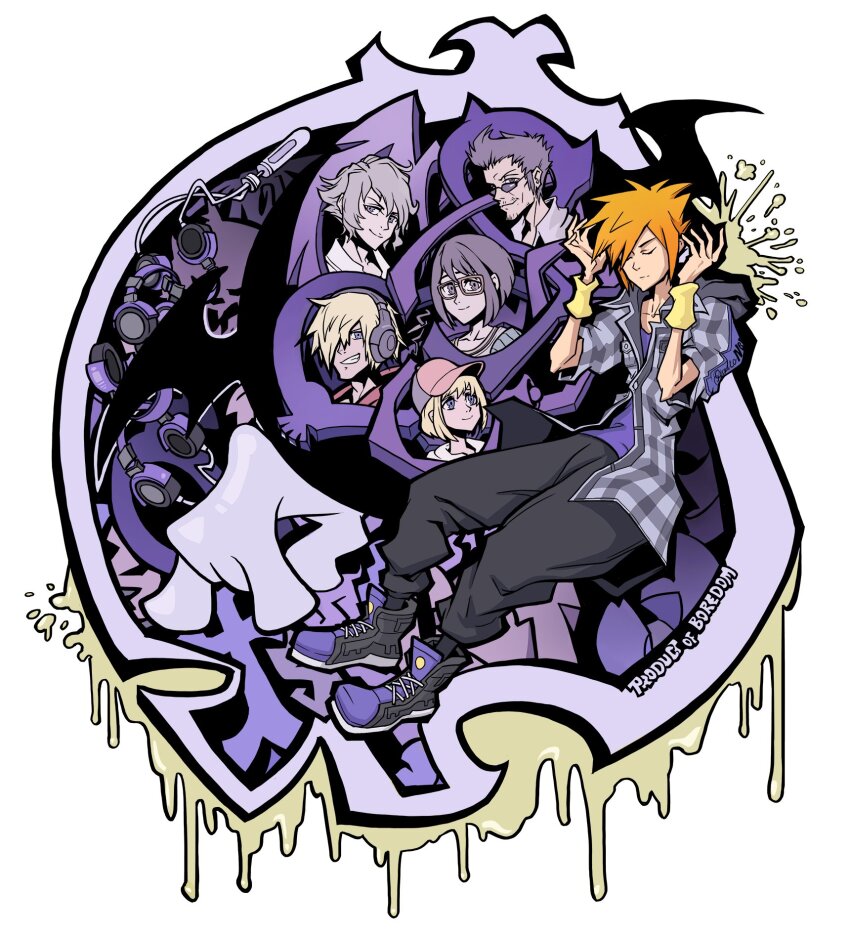 2girls 4boys baseball_cap bito_daisukenojo bito_raimu black_pants blue_eyes cowlick crossover dive_to_the_heart glasses grey_hair grey_jacket hanekoma_sanae hat headphones highres jacket kingdom_hearts kiryu_yoshiya misaki_shiki mp3_player multiple_boys multiple_girls orange_hair pants plaid_clothes plaid_jacket purple_shirt rectangular_eyewear sakuraba_neku shin_subarashiki_kono_sekai shirt spiked_hair stained_glass subarashiki_kono_sekai two-tone_headwear wristband