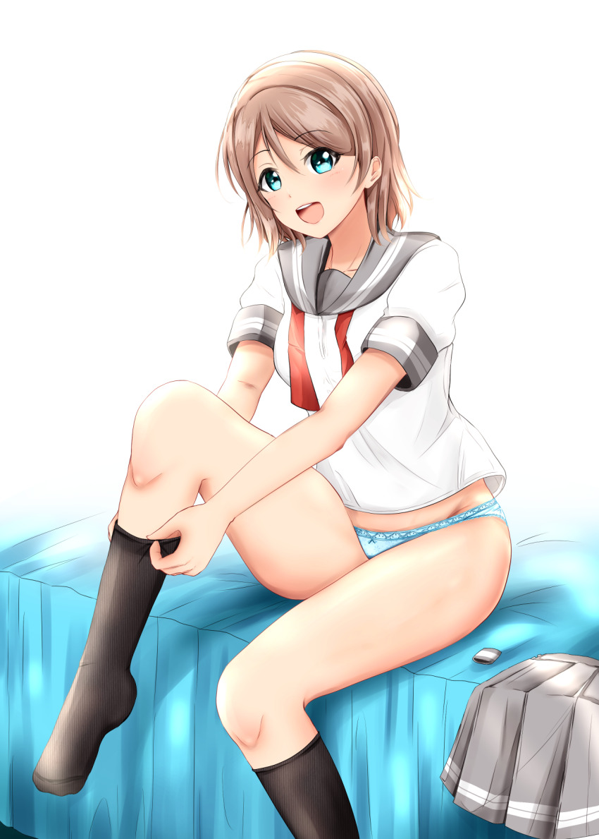 1girl bed blue_eyes blue_panties blush brown_hair highres kamesys love_live! love_live!_sunshine!! necktie open_mouth panties red_necktie sailor_collar school_uniform serafuku short_hair simple_background sitting smile socks solo teeth thighs underwear undressing upper_teeth_only watanabe_you