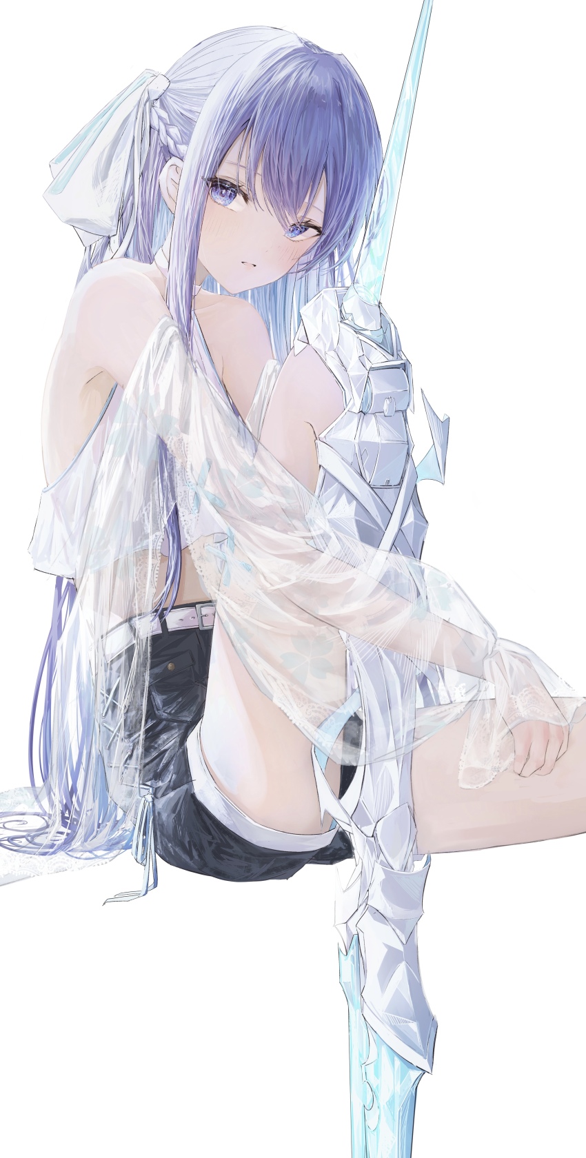 1girl absurdres alternate_costume bare_shoulders belt belt_buckle black_shorts buckle commentary_request fate/extra fate/extra_ccc fate/grand_order fate_(series) hair_ribbon highres long_hair looking_at_viewer meltryllis_(fate) midriff prosthesis prosthetic_leg purple_eyes purple_hair ribbon see-through_clothes see-through_sleeves shirt shorts simple_background sitting sleeveless sleeveless_shirt solo very_long_hair white_background white_belt white_ribbon white_shirt yagi_(yagi5art)