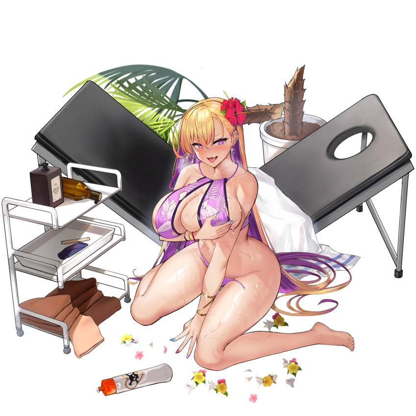 1girl :3 :p barefoot bikini blonde_hair blue_nails blush boryeon_(last_origin) bracelet breasts cart collarbone colored_inner_hair covering_breasts covering_privates defeat ear_piercing earrings flower full_body game_cg hair_between_eyes hair_flower hair_ornament hair_spread_out heart hibiscus highres huge_breasts jewelry kirome_(kamipaper) kneeling last_origin leaf_print linea_alba long_hair looking_at_viewer lotion_bottle massage_table mole mole_on_breast multicolored_hair multicolored_nails nail_polish official_art open_mouth palm_tree piercing plant potted_plant purple_bikini purple_eyes purple_hair purple_nails razor_blade red_flower red_nails simple_background skull_and_crossbones sling_bikini_top solo string_bikini sweat swimsuit tachi-e tongue tongue_out torn_bikini torn_clothes towel transparent_background tree two-tone_hair very_long_hair wet