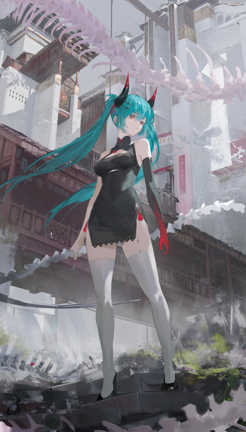 1girl absurdres black_dress black_shoes borrowed_character breasts china_dress chinese_clothes cleavage closed_mouth commentary commission darr1o dress elbow_gloves english_commentary floating_hair gloves green_hair hair_ornament hair_ribbon highres holding holding_scythe horns long_bangs long_hair looking_to_the_side morello_(morellostorment) original red_eyes red_ribbon ribbon scythe shoes single_elbow_glove solo standing tassel thighhighs twintails white_thighhighs x_hair_ornament