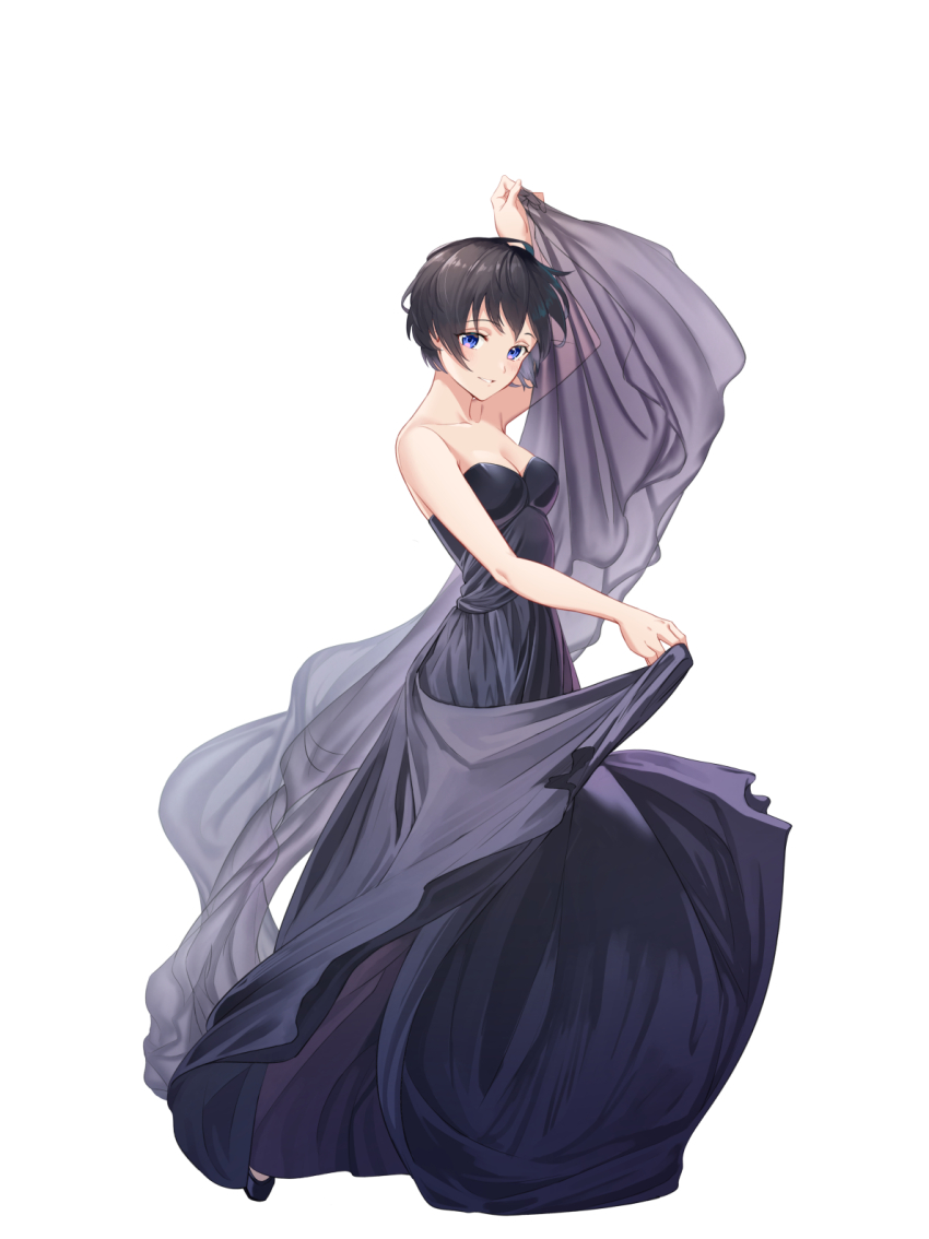 1girl bare_shoulders black_dress black_footwear black_hair blue_eyes breasts cleavage dancing dress gogo_(detteiu_de) highres kingdom_hearts kingdom_hearts_358/2_days looking_at_viewer parted_lips shawl short_hair simple_background smile solo strapless strapless_dress white_background xion_(kingdom_hearts)