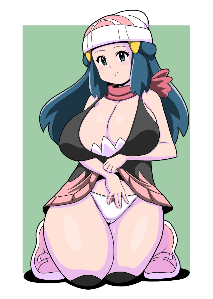 1girl aged_up beanie black_shirt blue_eyes blue_hair border bow bow_panties breasts cleavage clothes_lift curvy dawn_(pokemon) female_focus green_background hair_ornament hat highres kneehighs kneeling koutarosu large_breasts long_hair looking_at_viewer matching_hair/eyes miniskirt nintendo panties pink_skirt poke_ball_print pokemon pokemon_dppt red_bow red_scarf scarf shirt sidelocks simple_background skirt skirt_lift smile socks solo thick_thighs thighs underwear white_hat white_panties