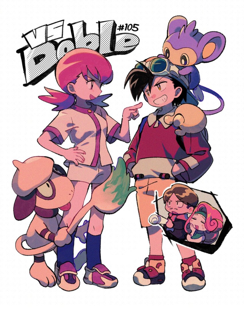 2boys 2girls aipom backwards_hat baseball_cap black_hair black_socks brown_hair buttons cut-in dj_mary_(pokemon) ethan_(pokemon) facial_hair fingernails full_body gen_2_pokemon goggles goggles_on_head grin hand_on_own_hip hands_in_pockets hat highres jacket long_sleeves multiple_boys multiple_girls mustache nintendo ok_ko19 open_mouth pink_hair pointing pointing_at_another pokemon pokemon_(creature) pokemon_adventures radio_director_(pokemon) red_hair red_socks rolled_up_paper shoes short_shorts short_sleeves shorts smeargle smile sneakers socks standing tail teeth twintails white_jacket white_shorts whitney_(pokemon) yellow_shorts
