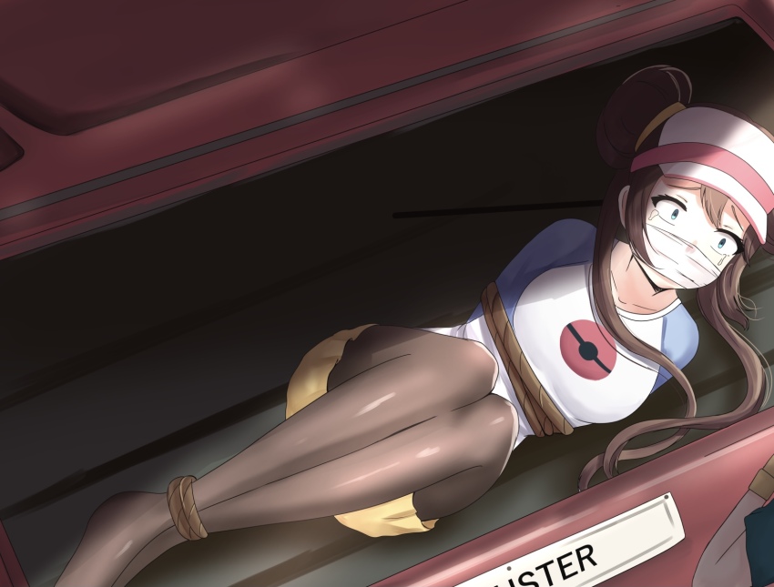 2girls black_leggings blue_eyes bound box brown_hair cloth_gag constricted_pupils donut_hair_bun femdom gag gagged game_freak georgia_(pokemon) hair_bun highres improvised_gag in_box in_container kidnapped kidnapping leggings long_hair looking_at_another multiple_girls nintendo over_the_nose_gag pokemon pokemon_(anime) pokemon_bw2 pokemon_bw_(anime) punksamurai raglan_sleeves rosa_(pokemon) scared shorts visor_cap yellow_shorts