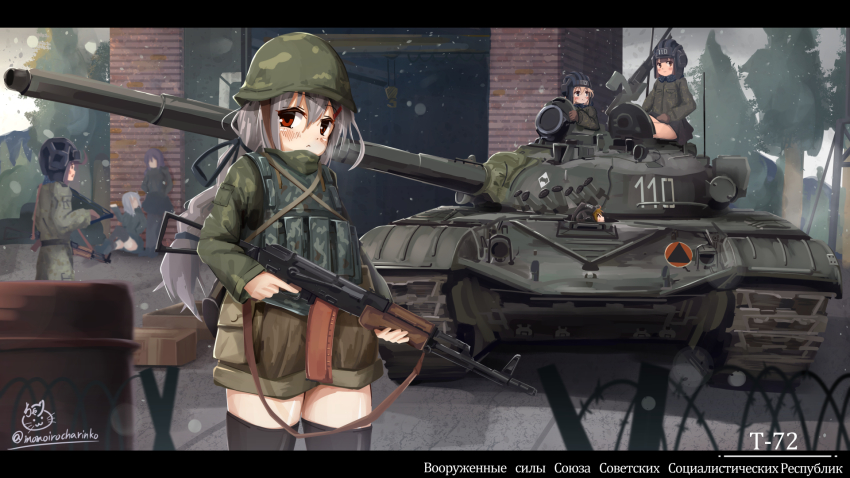 6+girls ak-74 assault_rifle barrel blonde_hair blue_eyes caterpillar_tracks chain-link_fence cloud cloudy_sky day fence grey_hair gun hat highres kalashnikov_rifle long_hair machine_gun military military_hat military_uniform military_vehicle momoirocharinko motor_vehicle multiple_girls open_mouth original red_eyes rifle russian_text short_hair shorts skirt sky smile snowing soviet t-72 tank tree warehouse weapon white_hair