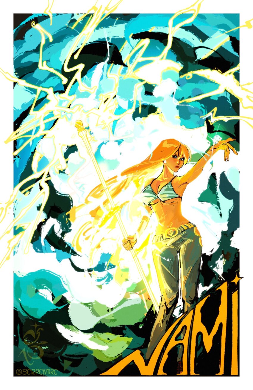 1girl bare_shoulders bikini bikini_top_only character_name clima-tact cloud commentary denim earrings electricity highres holding holding_staff jeans jewelry long_hair looking_at_viewer nami_(one_piece) nami_(one_piece)_(return_to_sabaody) one_piece orange_hair pants pearl_earrings serpentire solo staff swimsuit