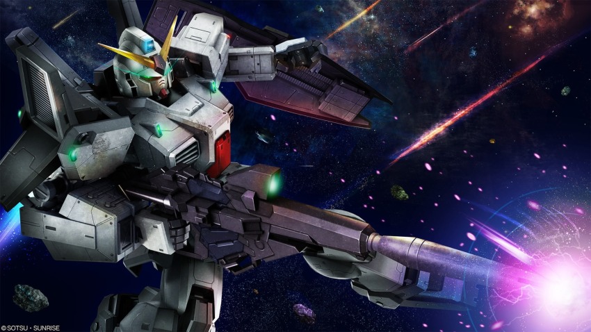 absurdres artist_request asteroid battle beam_rifle copyright_logo energy_beam energy_gun firing glowing gundam gundam_battle_operation_2 gundam_mk_ii gundam_mk_ii_banagher_links_custom gundam_narrative highres machinery mecha mecha_focus mobile_suit muzzle_flash no_humans realistic robot science_fiction shield sky space star_(sky) starry_sky sunrise_(company) v-fin weapon