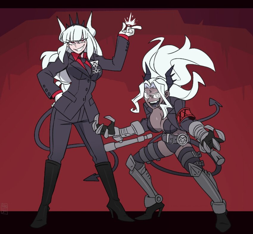 2girls arm_up armband black_horns black_necktie black_suit boots breasts business_suit clawed_gauntlets claws dark_skin demon_horns demon_tail evil_grin evil_smile formal_clothes gauntlets gloves grin hand_on_own_hip helltaker high_heel_boots high_heels highres horns inverted_pentagram jacket judgement_(helltaker) kamuify large_breasts long_hair looking_at_viewer lucifer_(helltaker) multiple_girls necktie pentagram red_armband red_background red_eyes red_undershirt smile suit suit_jacket tail thigh_strap white_eyes white_gloves white_hair white_horns