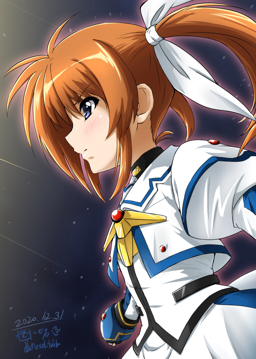 1girl artist_name blue_eyes brown_hair closed_mouth commentary_request cropped_jacket dated diesel-turbo dress female_focus frown gauntlets hair_ribbon highres jacket juliet_sleeves long_sleeves looking_to_the_side lyrical_nanoha magical_girl mahou_shoujo_lyrical_nanoha mahou_shoujo_lyrical_nanoha_the_movie_1st medium_hair partial_commentary puffy_sleeves ribbon signature solo takamachi_nanoha takamachi_nanoha_(movie_1st_mode) twintails upper_body white_dress white_jacket white_ribbon