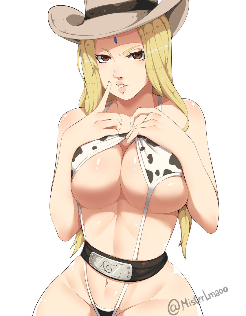 1girl absurdres animal_print blonde_hair breasts brown_eyes cleavage cow_print cowboy_hat curvy facial_mark forehead_mark hat highres konohagakure_symbol large_breasts long_hair looking_at_viewer naruto_(series) navel one-piece_swimsuit print_swimsuit simple_background slingshot_swimsuit solo srlmao stomach swimsuit tsunade_(naruto) underboob very_long_hair white_background white_slingshot_swimsuit