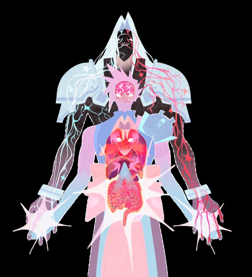 1boy 2girls aerith_gainsborough armor black_background brain cloud_strife cowboy_shot cross-section curtained_hair final_fantasy final_fantasy_vii heart_(organ) height_difference highres holding_hands intestines jaysoysaucee large_intestine long_hair lungs multiple_girls nervous_system organs outline own_hands_together parted_bangs pauldrons praying red_eyes sephiroth short_hair shoulder_armor single_shoulder_pad small_intestine spiked_hair steepled_fingers white_outline