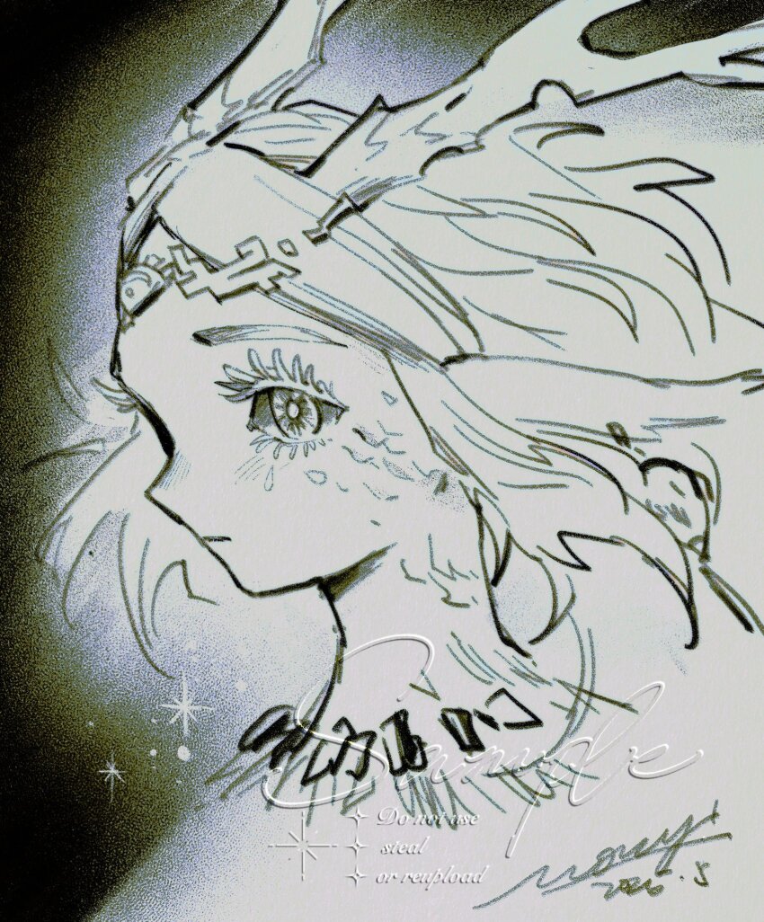 1girl animal_ears choker circlet closed_mouth dragon_ears dragon_girl dragon_horns highres horns light_blush mouyi nintendo parted_bangs princess_zelda sample_watermark short_hair sidelocks signature sketch solo teardrop_facial_mark the_legend_of_zelda the_legend_of_zelda:_tears_of_the_kingdom upper_body watermark