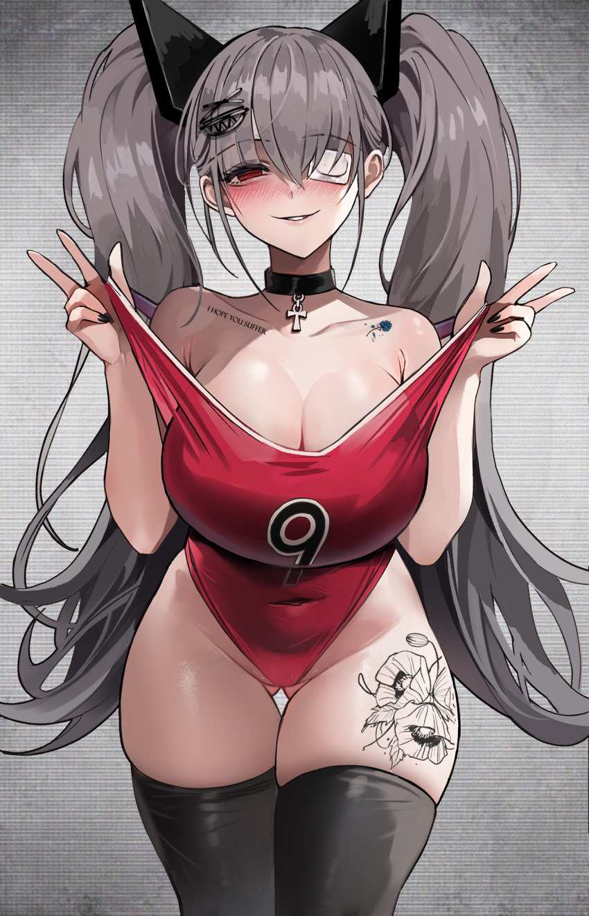 1girl bare_shoulders black_choker black_nails black_thighhighs blush breasts choker cleavage collarbone covered_navel crazy flower_tattoo gluteal_fold grey_background grey_hair hair_ornament havoc-chan highres large_breasts leg_tattoo leotard long_hair nail_polish off_shoulder one_eye_covered original parted_lips red_eyes red_leotard smile solo suou-sensei tattoo thigh_gap thighhighs thighs twintails yami_kawaii yandere