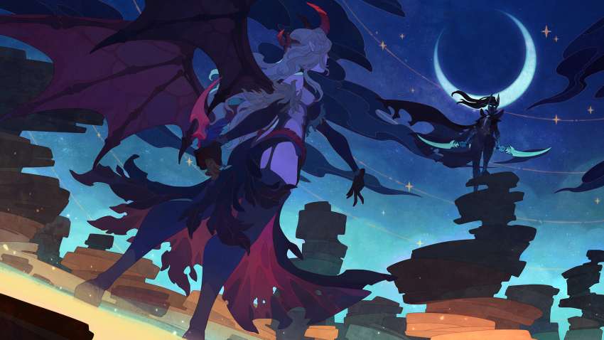 2girls aric armor bikini_armor cape cleavage_cutout clothing_cutout colored_skin crescent_moon dagger demon_horns demon_wings dota_(series) dota_2 dual_wielding dutch_angle elbow_gloves gloves glowing glowing_eyes high_ponytail highres holding holding_knife holding_sword holding_weapon horns knife leotard long_hair moon multiple_girls night night_sky phantom_assassin_(dota) pointy_ears ponytail queen_of_pain_(dota) reverse_grip sky star_(sky) starry_sky sword torn_cape torn_clothes weapon wings
