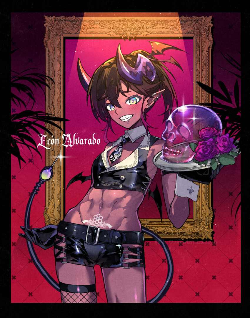 1boy abs aqua_eyes belt black_gloves black_necktie brown_hair colored_skin crystal_skull demon demon_boy demon_horns demon_tail demon_wings earrings face_piercing flower gloves highres holding holding_plate horns jewelry lip_piercing looking_at_viewer male_focus mini_wings navel necktie original piercing plate pointy_ears ponytail pubic_tattoo red_skin rose ryuu_tou sharp_teeth shorts single_thighhigh tail tattoo teeth thighhighs trap wings
