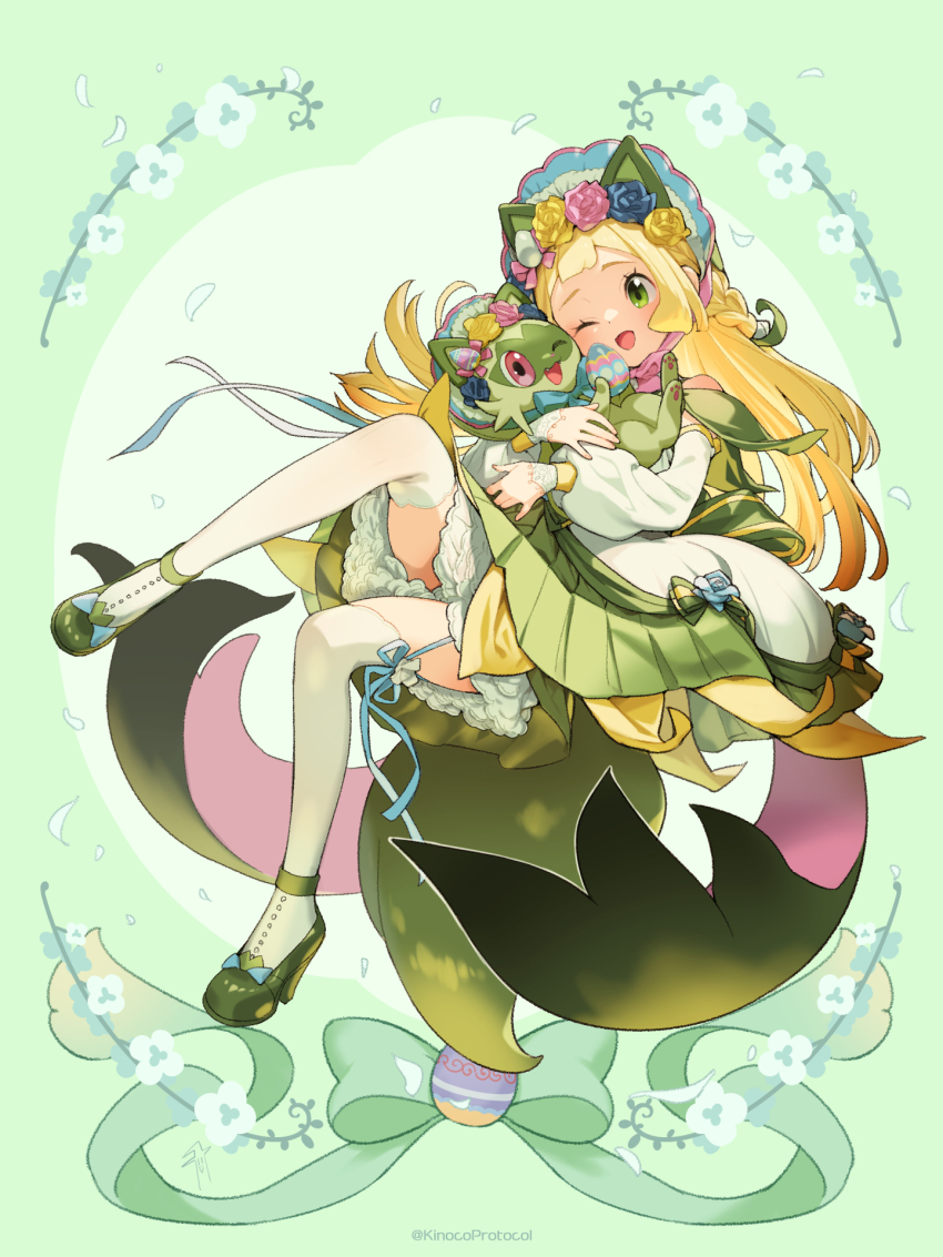 alternate_costume animal_ears blonde_hair bonnet dress flower green_dress green_eyes hair_flower hair_ornament high_heels highres kinocopro lillie_(pokemon) nintendo pokemon pokemon_(creature) pokemon_sm sprigatito sprigatito_(botanical_easter) thighhighs