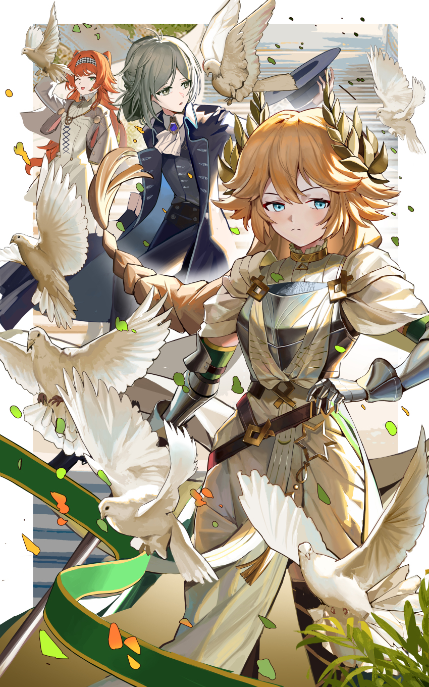 3girls :&lt; :o ;d absurdres armor ascot bird black_coat black_headwear black_pants black_thighhighs black_vest blonde_hair blue_eyes boater_hat breastplate checkered_hairband coat cowboy_shot dove dress falling_leaves gauntlets grass green_eyes grey_hair hair_bun hairband hand_on_own_hip hand_up hat highres holding holding_sword holding_unworn_clothes holding_unworn_hat holding_weapon laurel_crown leaf lilya_(reverse:1999) lilya_(the_art_of_destreza)_(reverse:1999) long_hair looking_to_the_side low-braided_long_hair low-tied_long_hair multiple_girls one_eye_closed open_mouth orange_hair pants reverse:1999 shirt short_hair single_side_bun smile sonetto_(reverse:1999) sword the_horse. thighhighs turning_head unworn_hat unworn_headwear vertin_(reverse:1999) vest weapon white_ascot white_bird white_dress white_shirt
