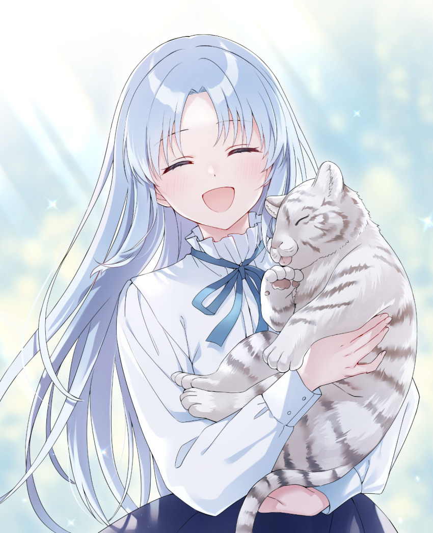 1girl animal baby_animal blue_hair blue_ribbon blue_skirt cat closed_eyes copyright_request e_(eokiba) highres holding holding_animal holding_cat long_hair long_sleeves neck_ribbon open_mouth ribbon shadow shirt skirt smile sparkle tiger tiger_cub white_shirt