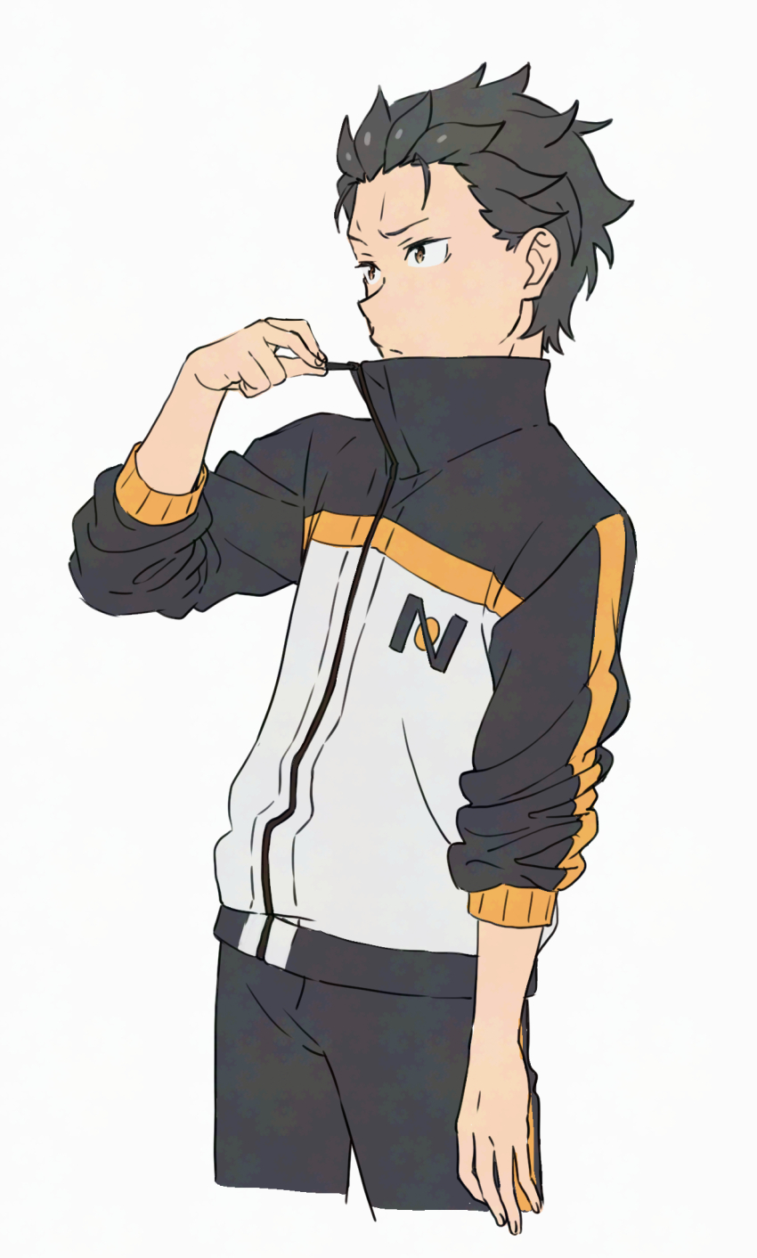1boy arm_up black_hair black_pants brown_eyes closed_mouth collared_jacket cropped_legs frown highres jacket male_focus natsuki_subaru pants re:zero_kara_hajimeru_isekai_seikatsu sagawa_haruka short_hair simple_background single_vertical_stripe solo striped_clothes vertical-striped_clothes vertical-striped_sleeves white_background zipper zipper_pull_tab