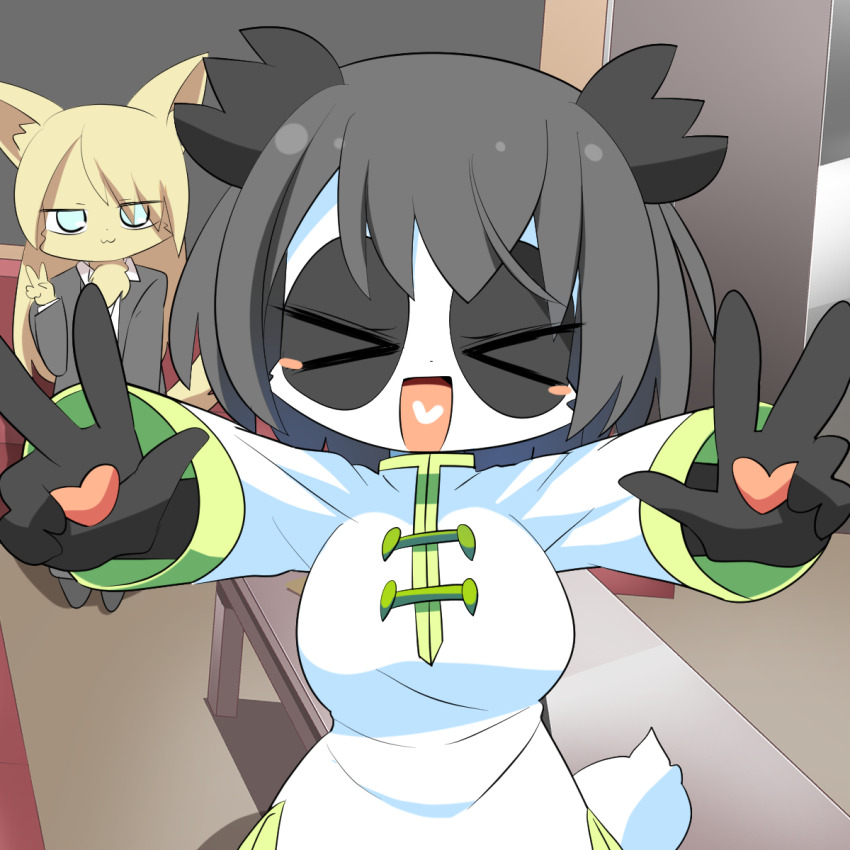 2girls :3 animal_ears black_jacket black_skin blonde_hair blue_eyes blush_stickers breasts chinese_clothes closed_mouth colored_skin commentary_request dated double_w eyes_visible_through_hair furry furry_female hair_between_eyes heart highres indoors jacket lets0020 long_bangs long_hair long_sleeves looking_at_viewer medium_breasts multiple_girls one_eye_closed open_mouth original panda_ears panda_girl panda_tail shirt short_hair smile solo_focus table tangzhuang upper_body v w white_shirt white_skin yellow_skin