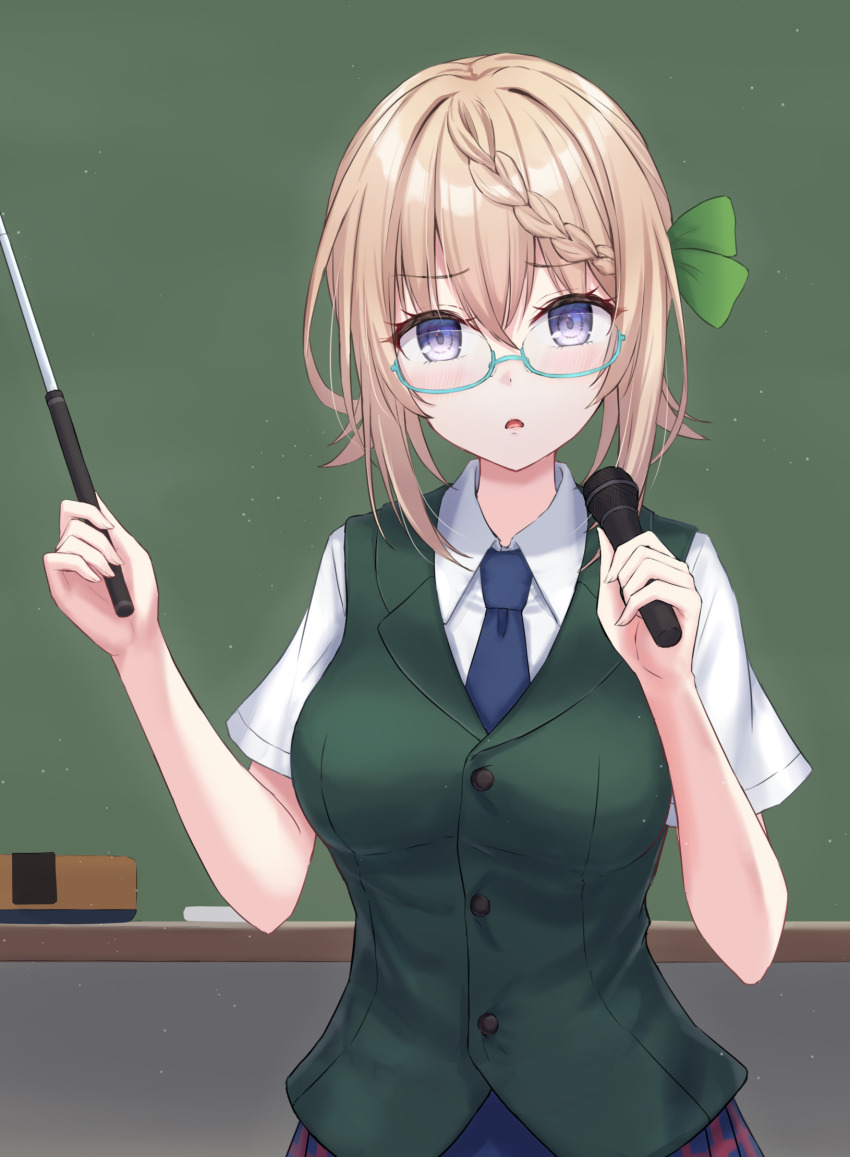 1girl bespectacled blonde_hair blue-framed_eyewear blue_necktie blue_skirt braid braided_bangs breasts chalkboard collared_shirt glasses green_vest hair_bun highres holding holding_microphone holding_pointer kantai_collection large_breasts looking_at_viewer microphone monoku necktie perth_(kancolle) plaid_clothes plaid_skirt pointer purple_eyes school_uniform semi-rimless_eyewear shirt short_hair short_sleeves skirt solo under-rim_eyewear vest white_shirt