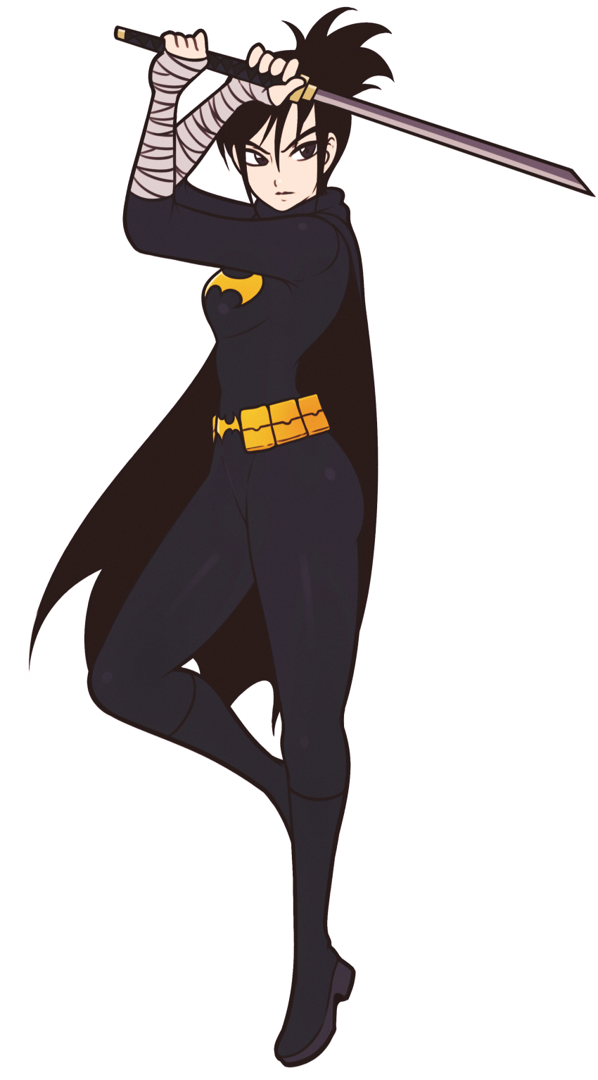 1girl absurdres bandaged_wrists batgirl batman_(series) belt black_bodysuit black_hair bodysuit breasts cassandra_cain closed_mouth commentary dc_comics english_commentary full_body highres holding holding_sword holding_weapon jeff_miga katana looking_at_viewer medium_breasts solo standing sword utility_belt weapon