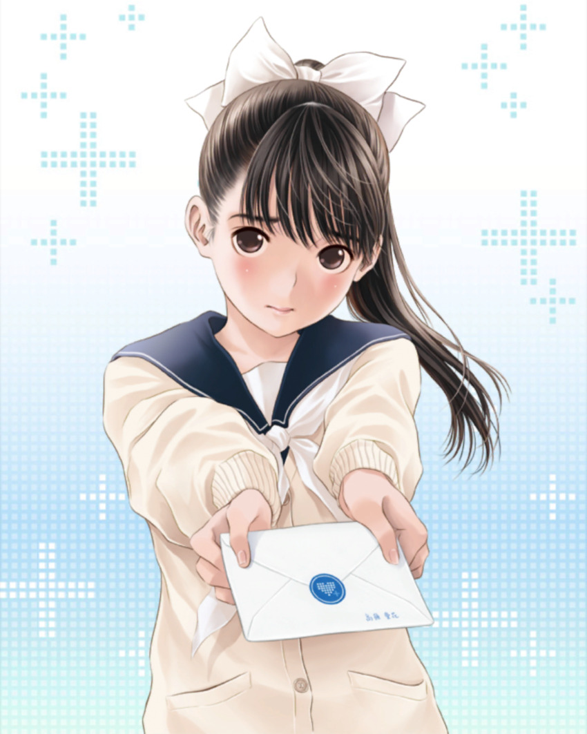1girl aqua_background blue_sailor_collar blush bow brown_eyes brown_hair cardigan closed_mouth embarrassed envelope gradient_background hair_bow hair_ribbon heart highres holding holding_envelope holding_letter letter long_hair long_sleeves looking_at_viewer love_letter love_plus neckerchief official_art pink_lips plus_sign ponytail ribbon sailor_collar school_uniform solo takane_manaka upper_body white_neckerchief winter_uniform yellow_cardigan