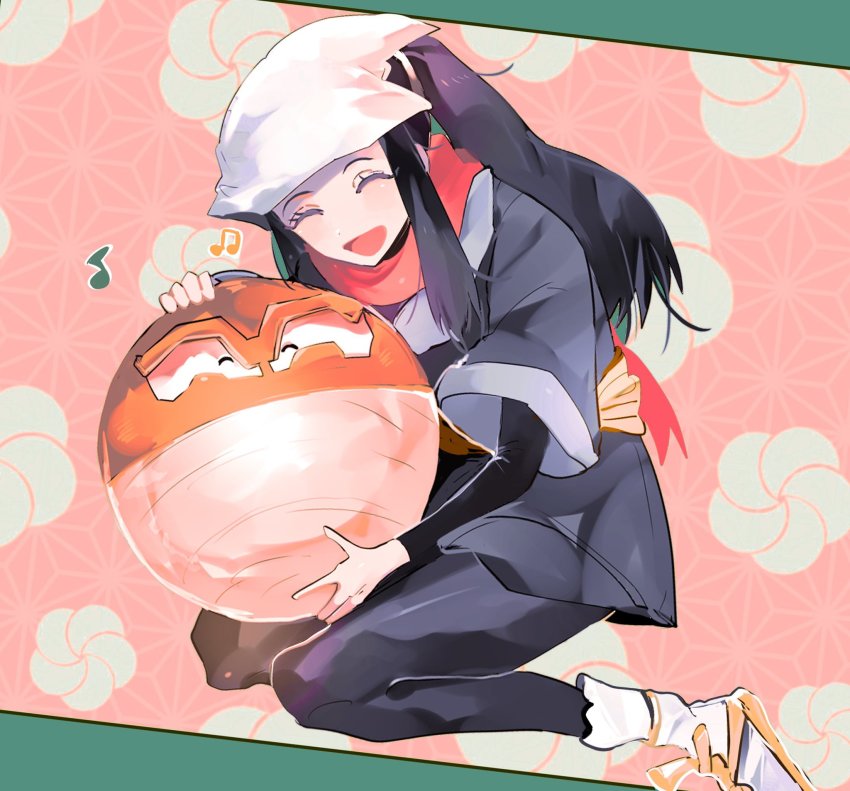 1girl :d akari_(pokemon) black_hair black_undershirt commentary_request full_body grey_jacket happy headscarf highres hisuian_voltorb holding holding_pokemon jacket kneeling long_hair loose_socks midori_(032_pokemon) musical_note nintendo open_mouth orange_shoes pantyhose pokemon pokemon_(creature) pokemon_legends:_arceus ponytail shoes sidelocks smile socks tongue undershirt white_headscarf white_headwear white_pantyhose