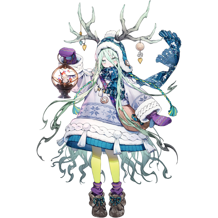1girl antler_ornament antlers antlers_through_headwear aqua_eyes aqua_hair beanie bird blue_hat blue_scarf blush boots brown_boots bukurote dress fate/grand_order fate_(series) fire full_body game_cg hair_between_eyes hat highres holding holding_lantern horns jewelry lantern long_hair long_sleeves looking_at_viewer loose_socks louhi_(fate) louhi_(second_ascension)_(fate) mittens necklace official_art open_mouth pantyhose pointy_footwear pom_pom_(clothes) pom_pom_beanie purple_mittens purple_socks scarf socks solo standing sweater sweater_dress tachi-e tassel transparent_background very_long_hair wavy_hair white_sweater yellow_pantyhose