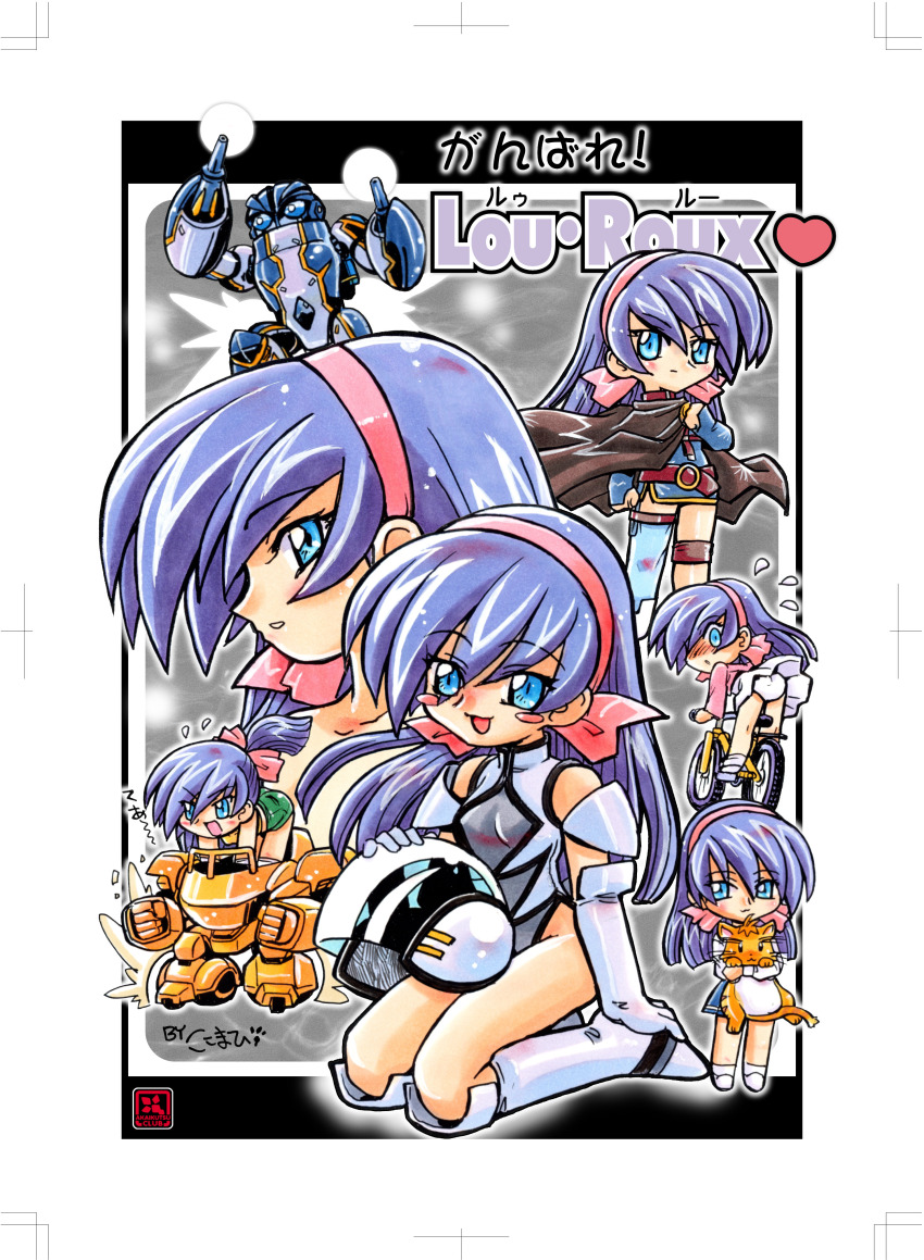 1girl :3 absurdres animal artist_name belt belt_buckle bicycle blue_eyes blue_skirt blue_thighhighs blue_tunic blush boots bow breasts brown_belt brown_cloak buckle cat character_name chibi circle_name cloak closed_mouth commentary_request cosmo_diver elbow_gloves flying_sweatdrops gloves green_shorts hair_bow hairband heart helmet highres holding holding_animal holding_cat humanoid_robot kneeling kokomahi leotard long_hair long_sleeves looking_at_viewer looking_back lou_roux multiple_views open_mouth panties pantyshot parted_lips piloting pink_bow pink_hairband pink_shirt ponytail purple_hair riding riding_bicycle robot shinkon_gattai_godannar!! shirt shoes short_shorts shorts single_thighhigh skirt sleeveless sleeveless_shirt sleeves_past_wrists small_breasts smile socks thigh_strap thighhighs thighs trim_marks tunic underwear unworn_headwear unworn_helmet white_boots white_gloves white_panties white_shoes white_skirt white_socks yellow_cat yellow_shirt