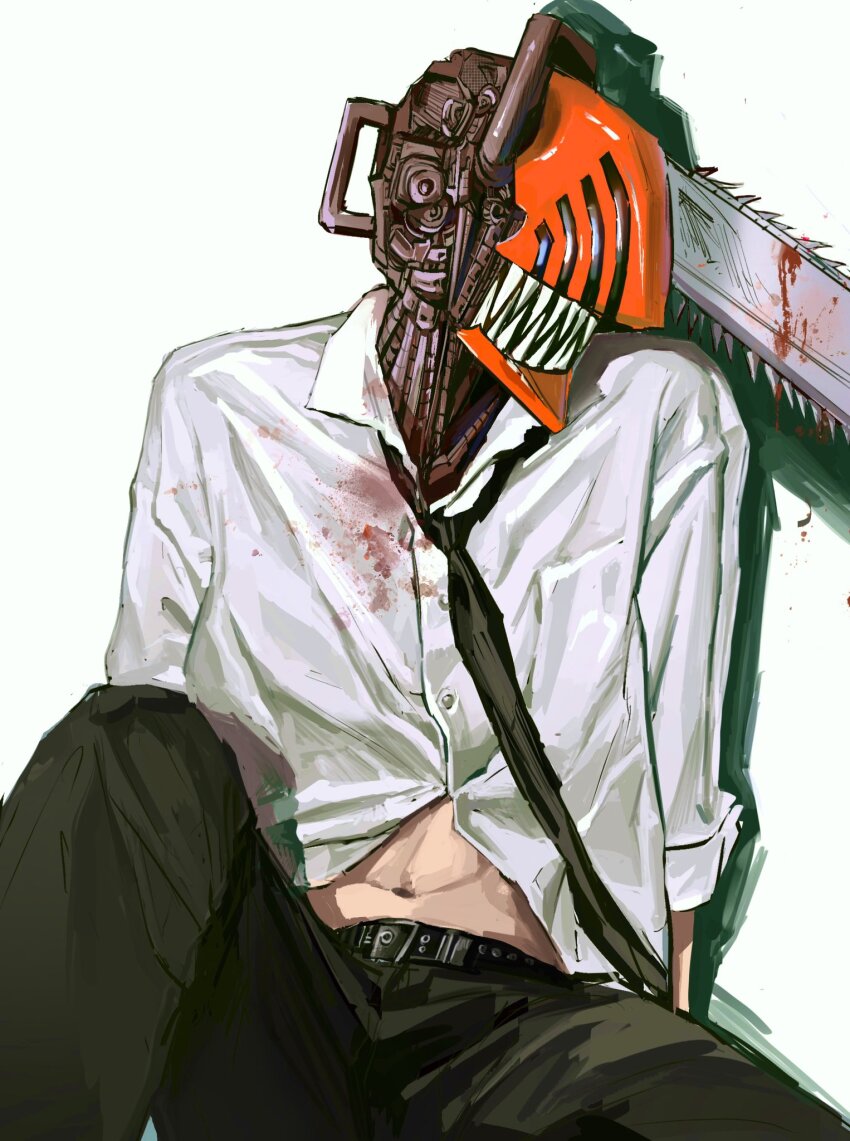 1boy belt black_belt black_necktie black_pants blood blood_on_clothes buttons chainsaw chainsaw_man collared_shirt commentary_request denji_(chainsaw_man) highres male_focus navel necktie pants qingqiandao shirt sitting solo white_shirt