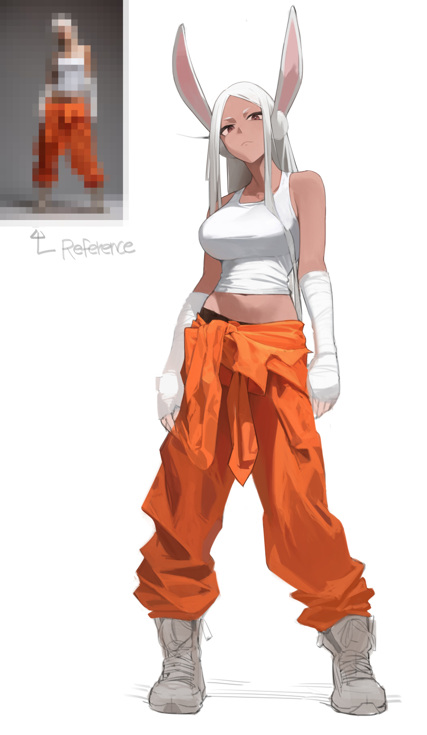 1girl absurdres animal_ears baggy_pants bare_shoulders boku_no_hero_academia breasts censored closed_mouth clothes_around_waist commentary dark-skinned_female dark_skin english_commentary hand_wraps highres kopam korean_commentary large_breasts long_eyelashes long_hair looking_at_viewer mirko mixed-language_commentary mosaic_censoring navel_peek orange_pants orange_shirt pants parted_bangs photo-referenced photo_inset rabbit_ears rabbit_girl red_eyes reference_sheet shirt shirt_around_waist shoes simple_background solo tank_top tied_shirt toned toned_female very_long_hair white_background white_hair white_shoes white_tank_top