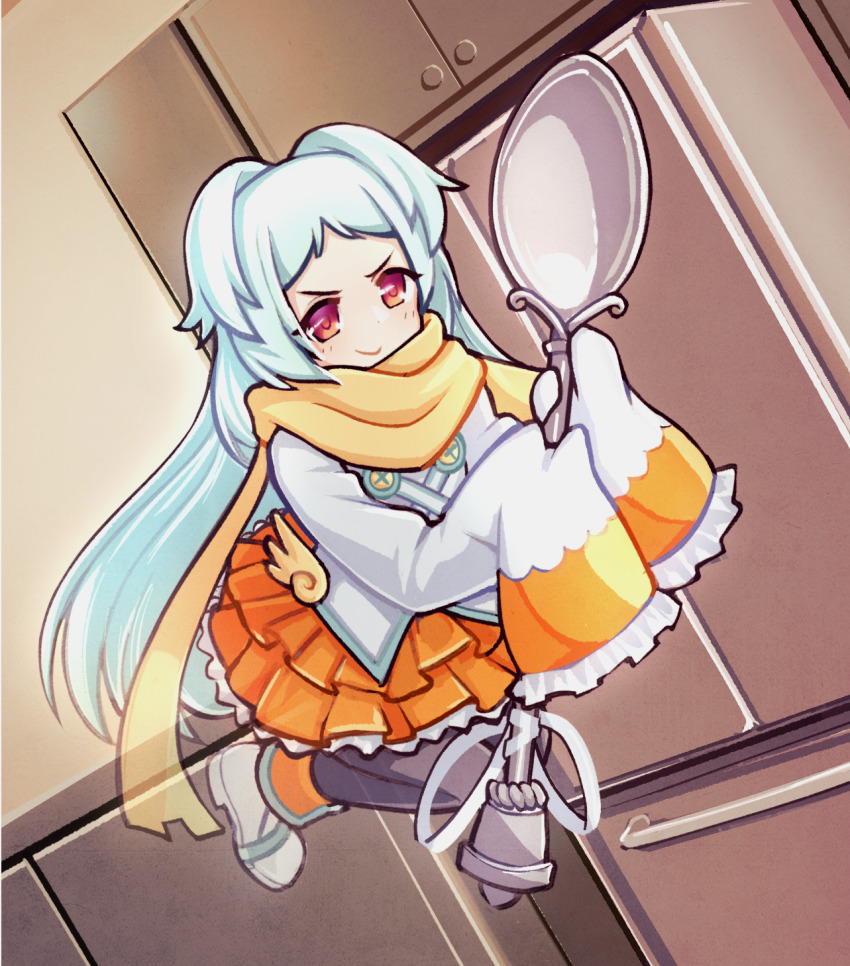 1girl black_pants blue_hair blush closed_mouth comically_large_spoon_(meme) floating highres holding holding_spoon indoors jacy layered_skirt long_hair long_sleeves looking_at_viewer meme miyako_(princess_connect!) orange_skirt pants princess_connect! red_eyes refrigerator scarf shirt shoes skirt sleeves_past_fingers sleeves_past_wrists smile solo spoon v-shaped_eyebrows white_shirt