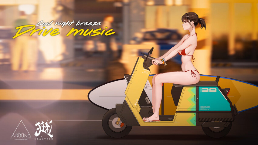 1girl artist_name bare_arms bare_legs bare_shoulders bikini blurry blurry_background breasts brown_eyes brown_hair closed_mouth commentary crazyred driving english_commentary english_text feet flip-flops from_side halterneck highres large_breasts looking_ahead motor_vehicle navel on_scooter original ponytail profile red_bikini sandals scooter short_ponytail side-tie_bikini_bottom smartwatch solo string_bikini surfboard swimsuit toes watch wristwatch