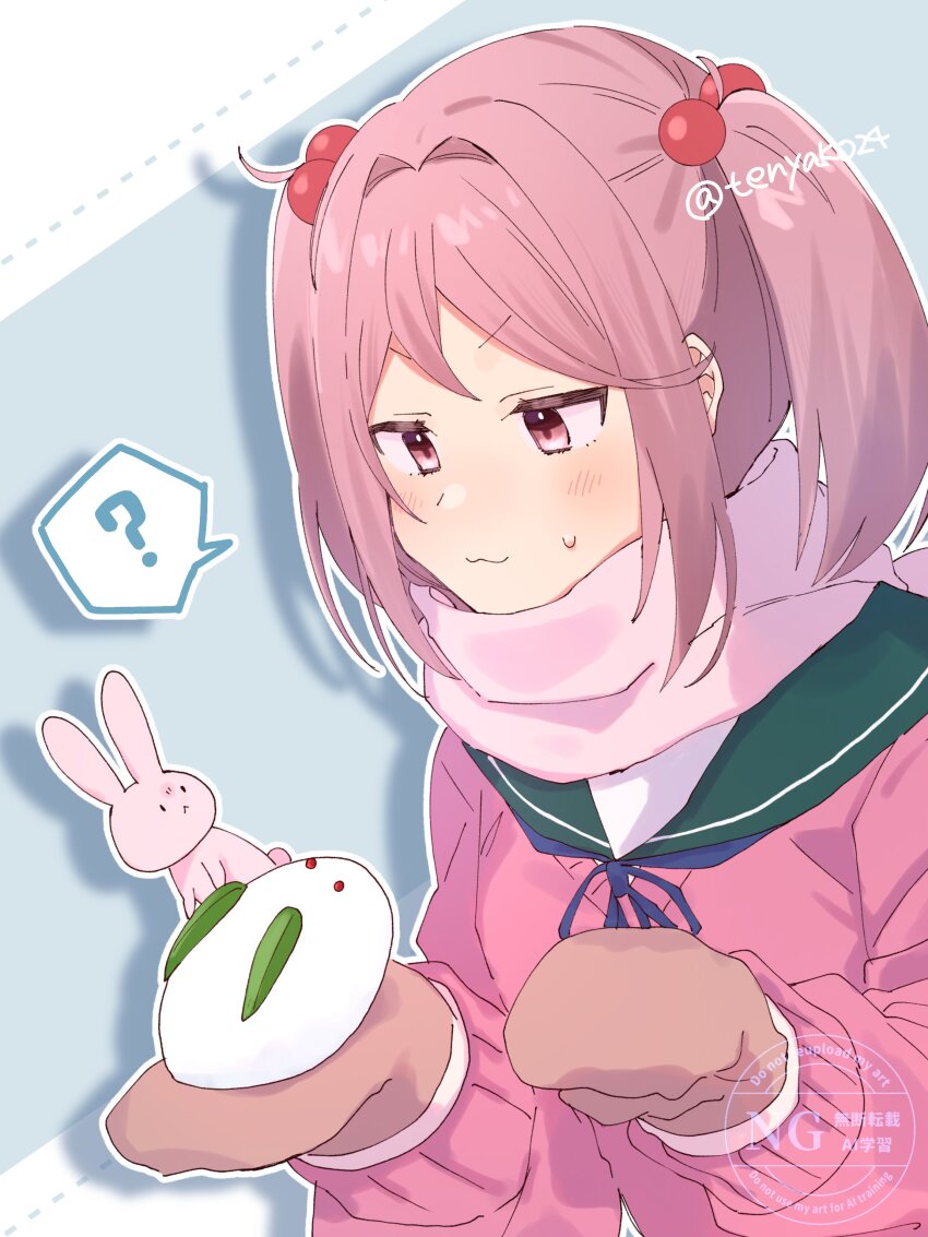 1girl ? absurdres adapted_costume blue_sailor_collar hair_bobbles hair_ornament highres kantai_collection pink_eyes pink_hair pink_sweater rabbit sailor_collar sazanami_(kancolle) school_uniform serafuku shoes snow_rabbit solo spoken_question_mark sweater tenyako_(mirasato24) twitter_username unworn_shoes upper_body
