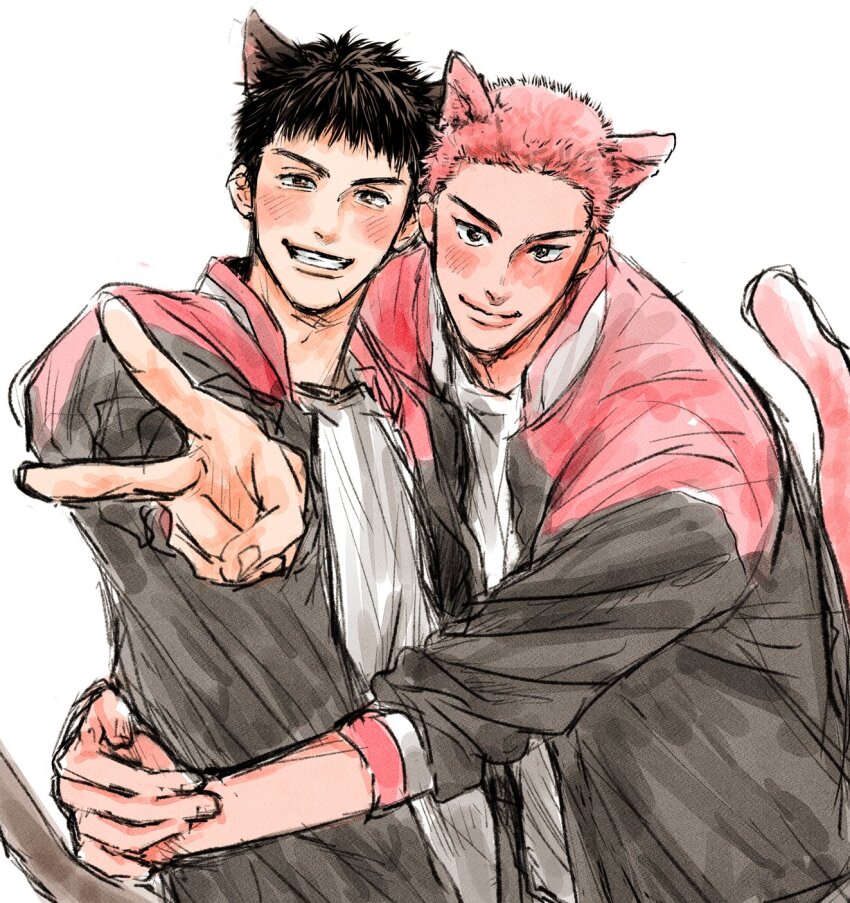2boys animal_ears arms_around_waist black_hair blush brown_eyes buzz_cut cat_boy cat_ears cat_tail closed_mouth commentary_request crew_neck grin highres jacket looking_at_viewer male_focus mitsui_hisashi multicolored_jacket multiple_boys open_clothes open_jacket outstretched_arm red_hair sakuragi_hanamichi shirt short_hair simple_background sketch slam_dunk_(series) smile tail teeth upper_body v very_short_hair white_background white_shirt yao0597