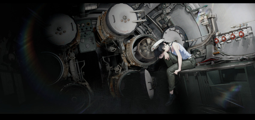 1girl black_hair black_shoes chise_huixing_denixi green_pants hat highres interior letterboxed long_hair machinery original pants scenery ship_interior shirt shoes short_hair sitting sleeveless solo striped_clothes striped_shirt telnyashka white_shirt wide_shot
